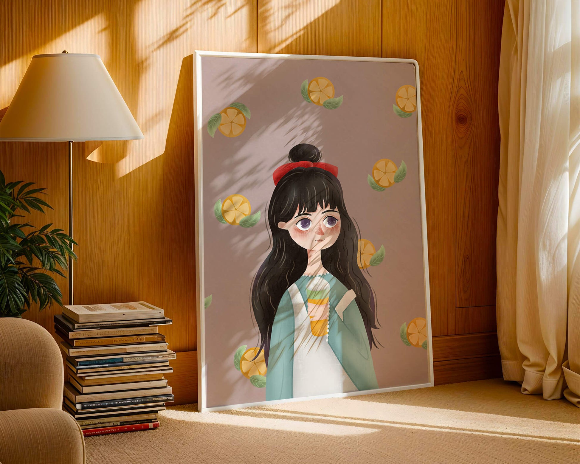 Illustration of a girl with a beverage surrounded by citrus slices