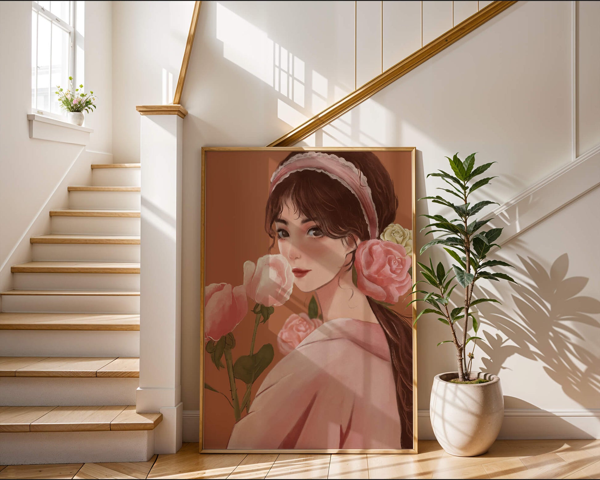 Young woman with flowers in her hair and holding a bouquet