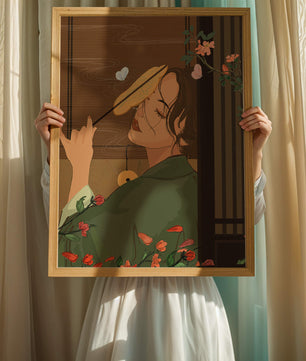 Serene woman with fan surrounded by flowers