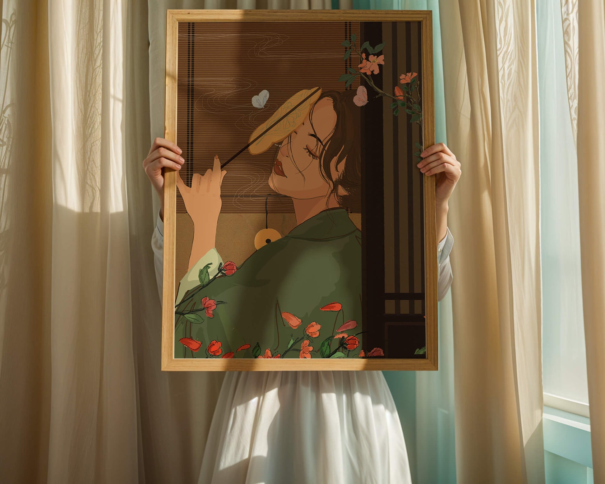 Serene woman with fan surrounded by flowers
