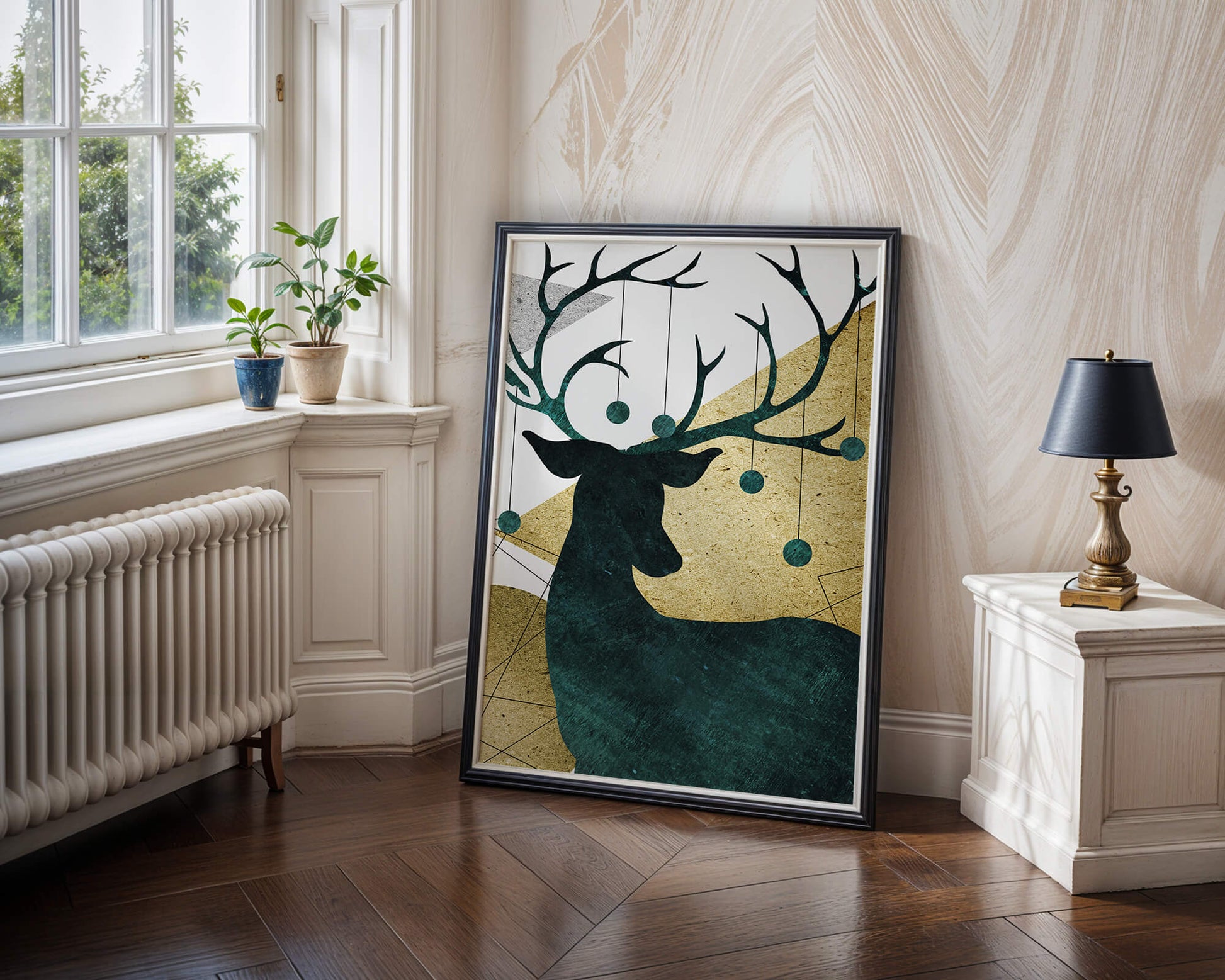 Silhouette of a Deer with Abstract Gold and Green Background