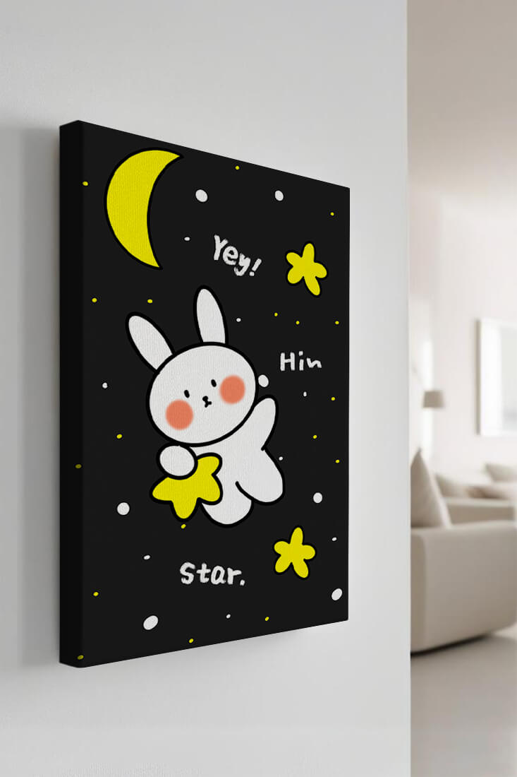 Adorable bunny with stars and moon on a night sky background