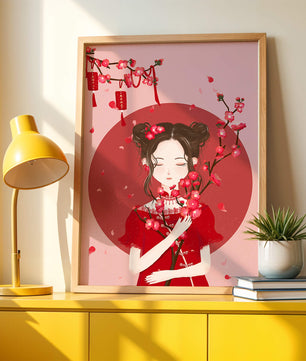 Bezaubernde Illustration eines Mädchens mit Blumen und schwebenden Blütenblättern