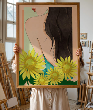 Ilustración de una mujer elegante con girasoles y cabello largo y oscuro