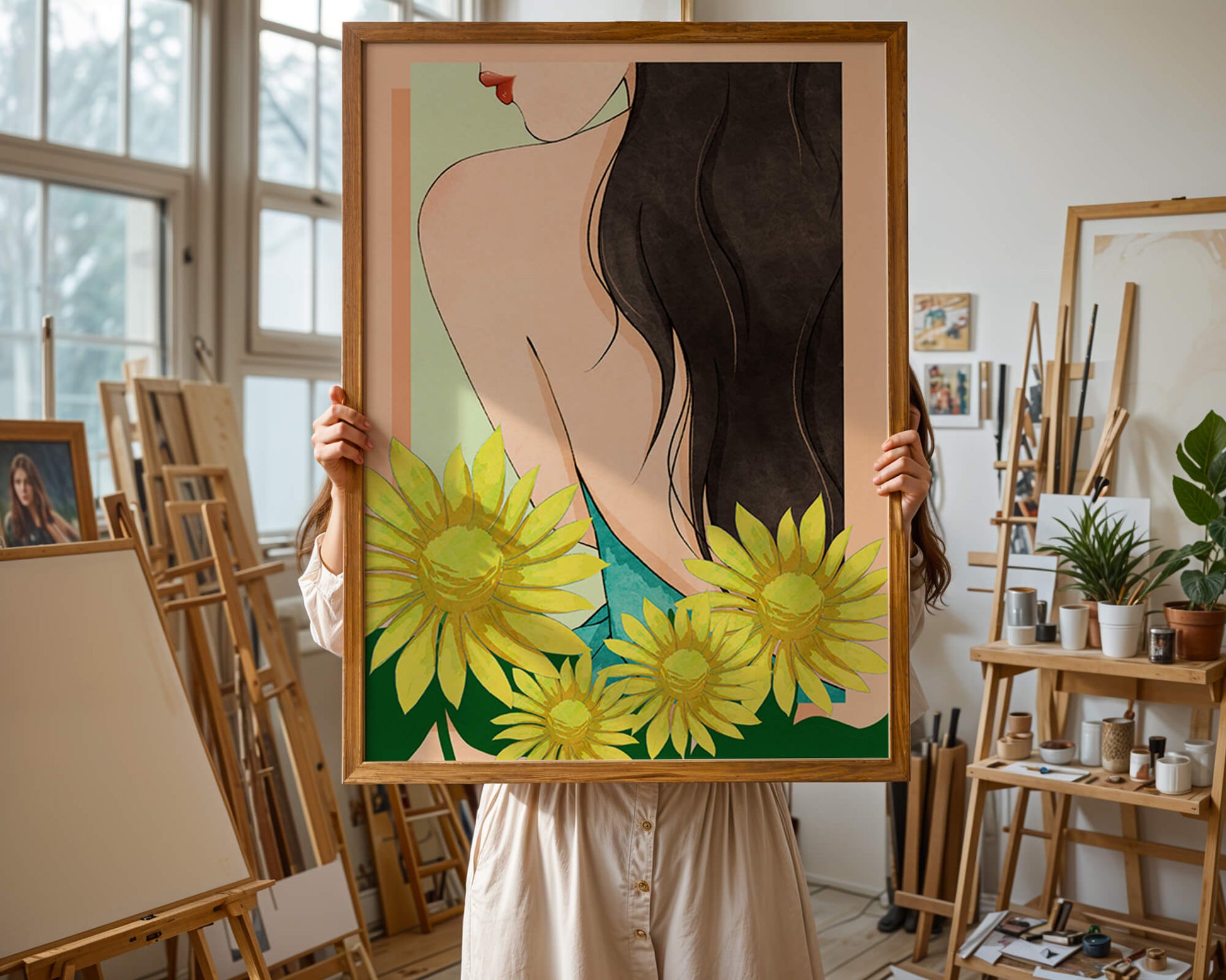 Ilustración de una mujer elegante con girasoles y cabello largo y oscuro