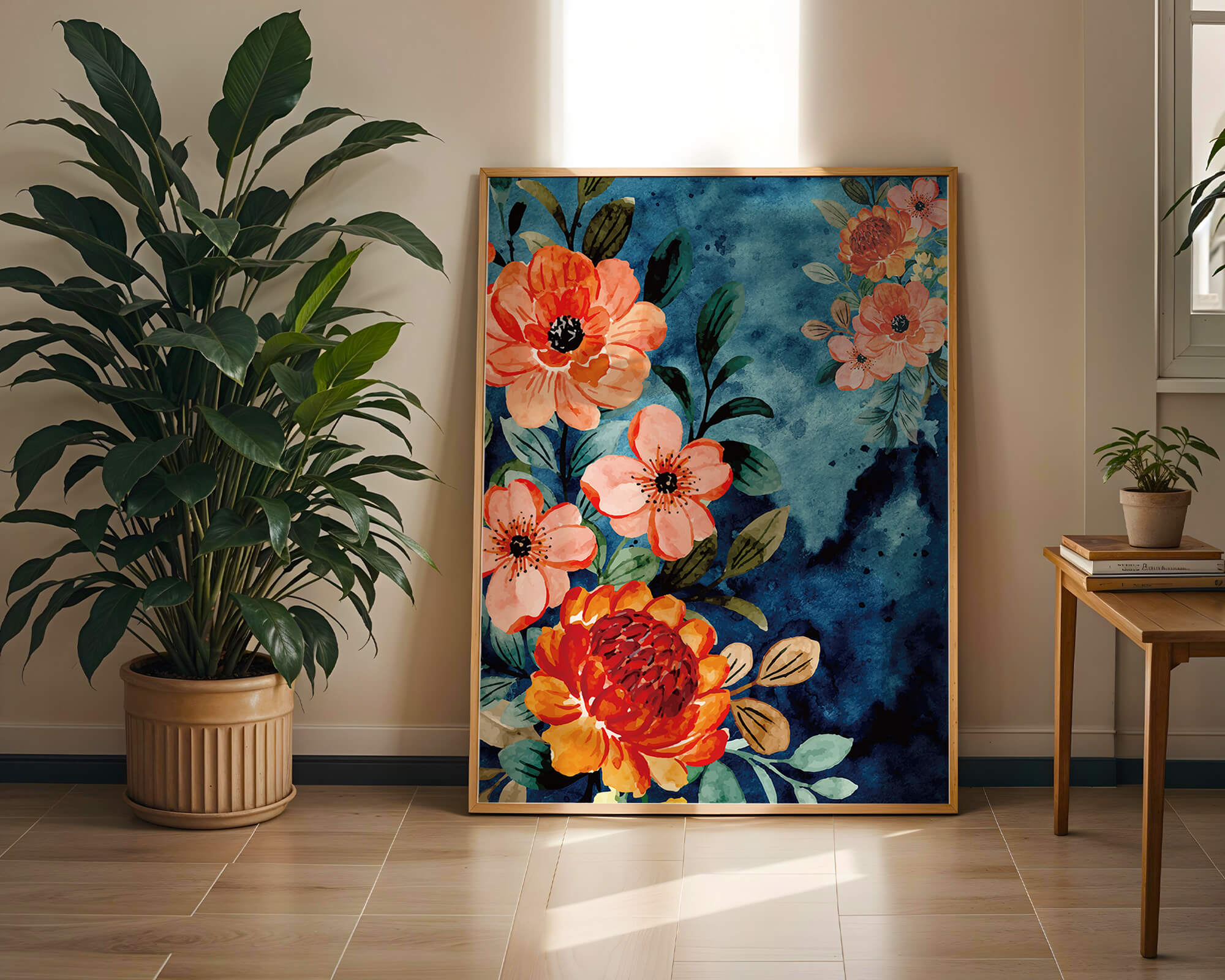 Vibrant floral watercolor design with orange blossoms and blue background