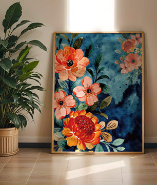 Vibrant floral watercolor design with orange blossoms and blue background