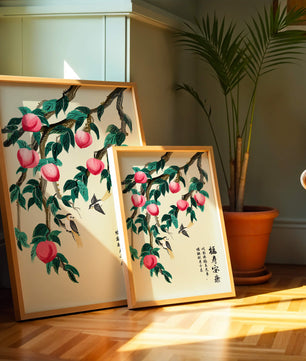 Delicate illustration of peach tree with birds and calligraphy