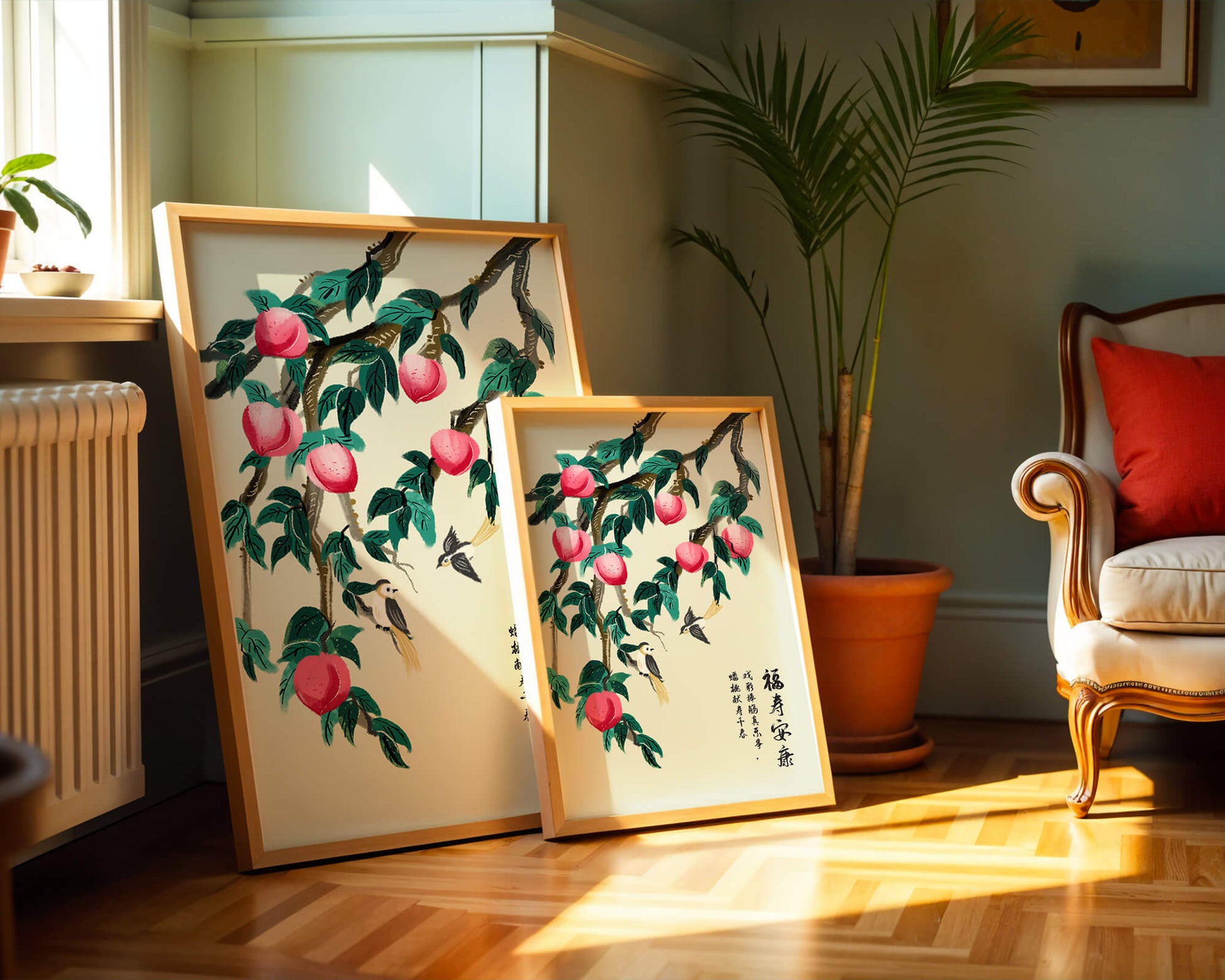 Delicate illustration of peach tree with birds and calligraphy