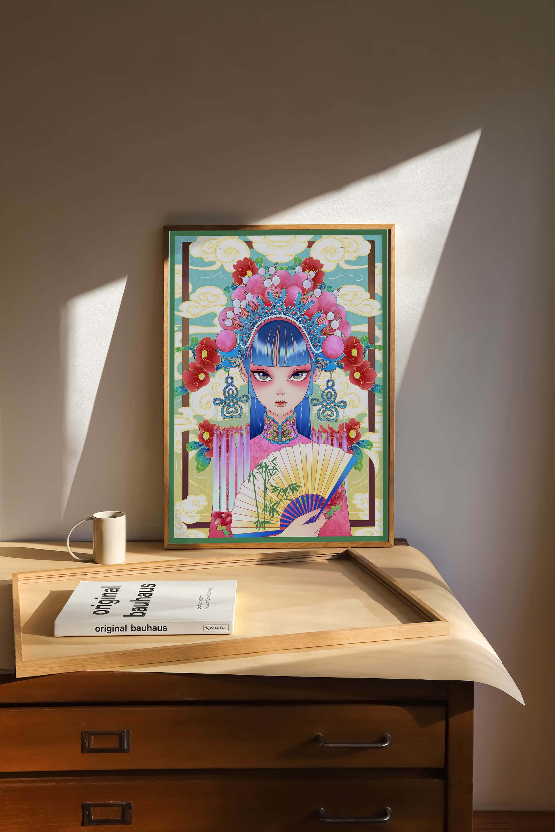 Ilustración elegante inspirada en el arte asiático con tocado elaborado y motivos florales