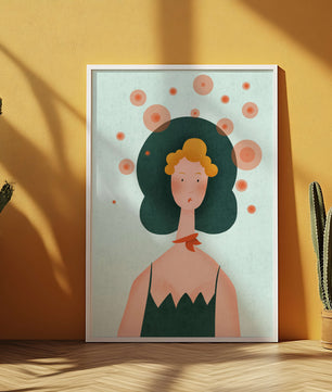 Whimsical Portrait of a Woman with Green Hair and Abstract Circles - Mi tienda
