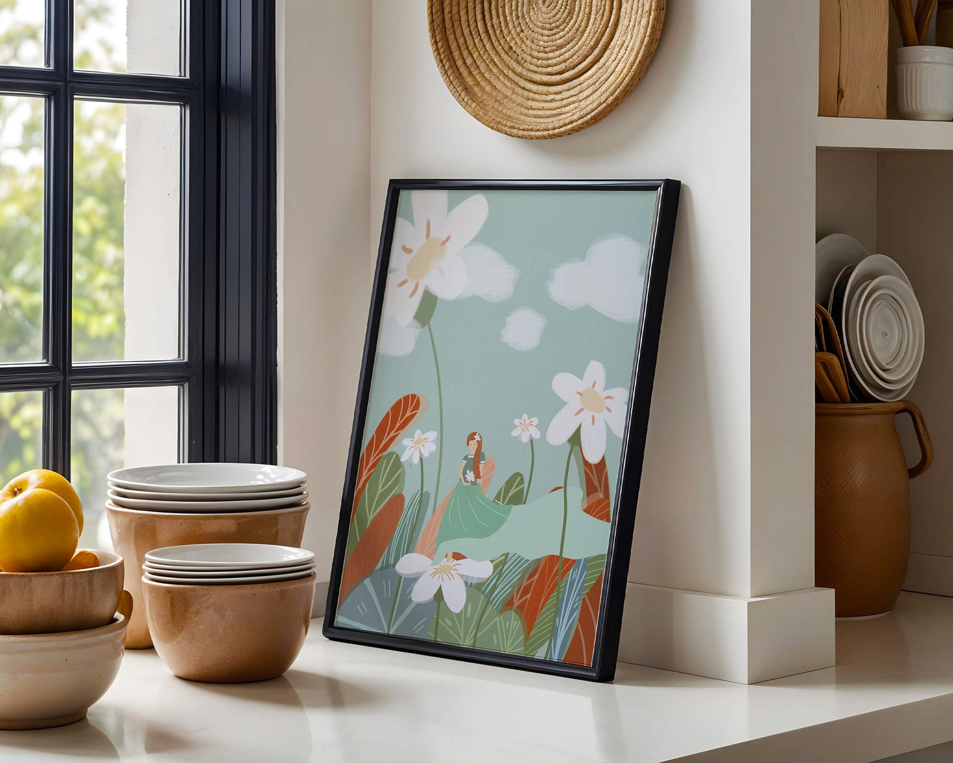 Whimsical garden scene with woman in a floral wonderland