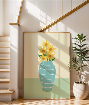 Yellow Sunflowers in a Blue Striped Vase on a Minimalist Background - Mi tienda