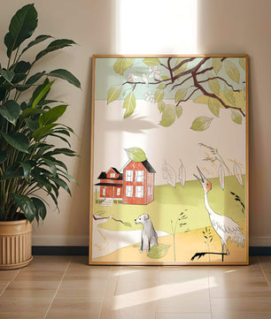 Tranquil rural landscape illustration with house, dog, and crane