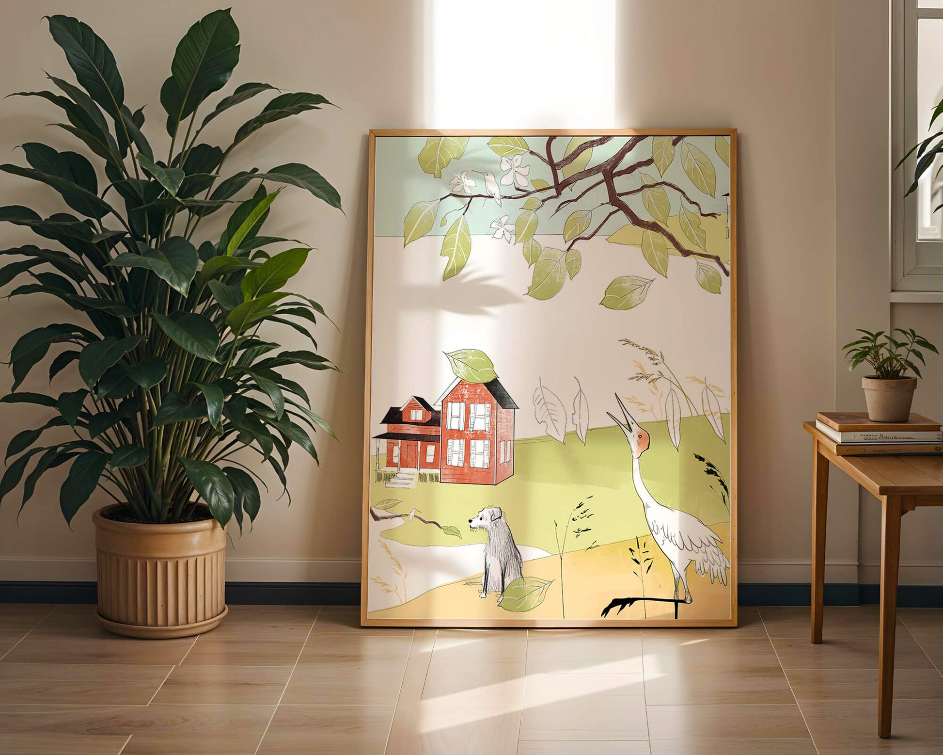 Tranquil rural landscape illustration with house, dog, and crane