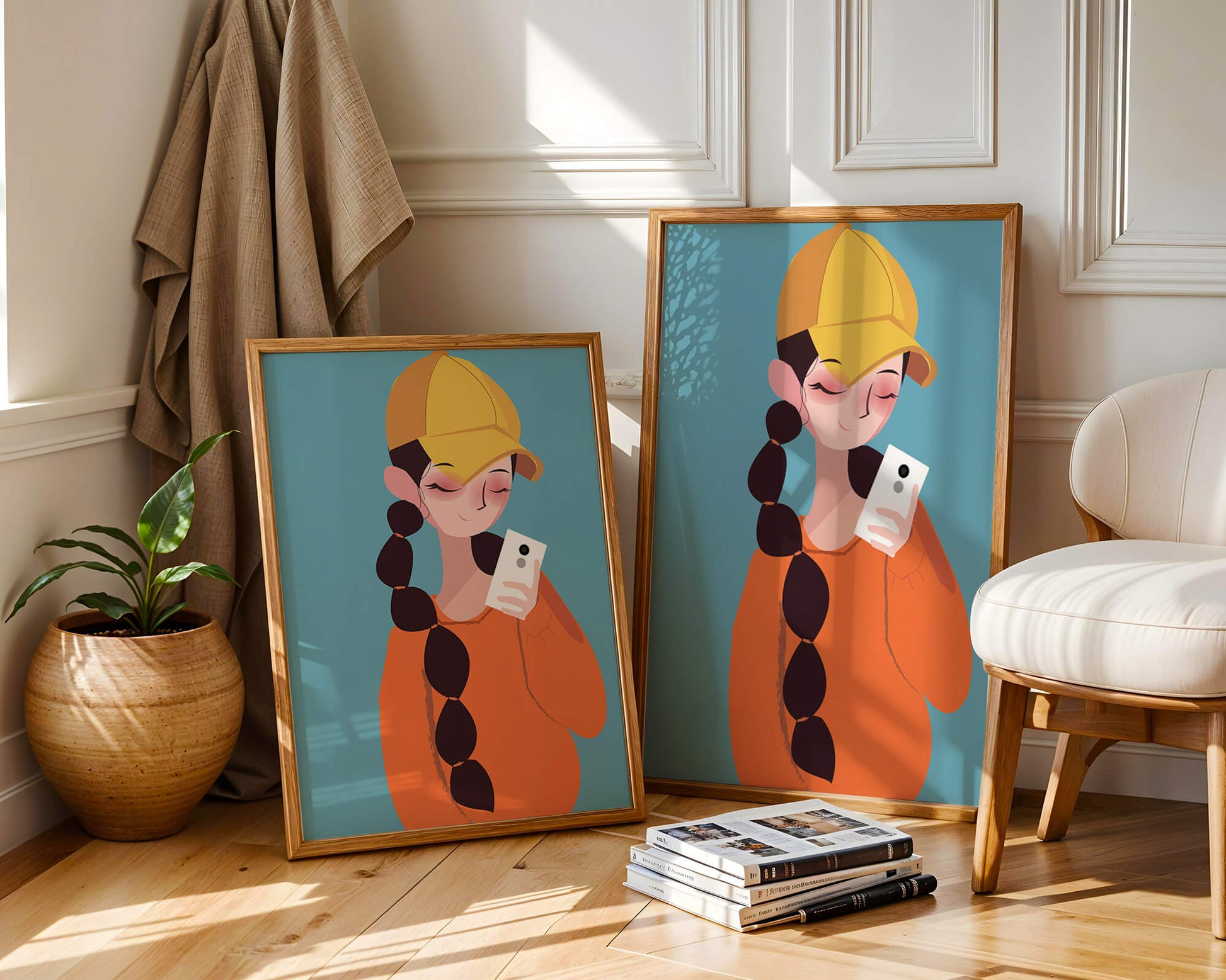 Colorful illustration of a girl with a smartphone