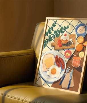 Escena de desayuno colorida con comida y bebida
