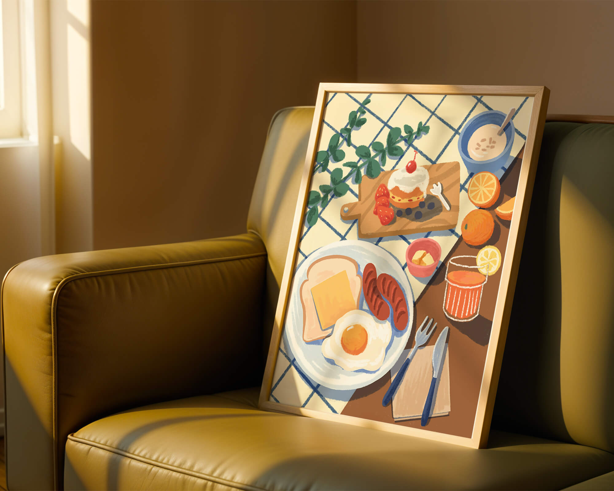 Escena de desayuno colorida con comida y bebida