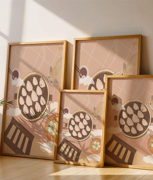 Gato alcanzando dumplings en una mesa con azulejos rosas y naranjas con palillos