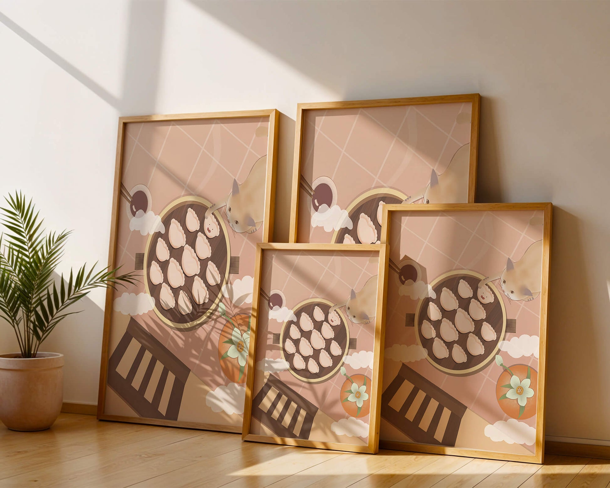Gato alcanzando dumplings en una mesa con azulejos rosas y naranjas con palillos