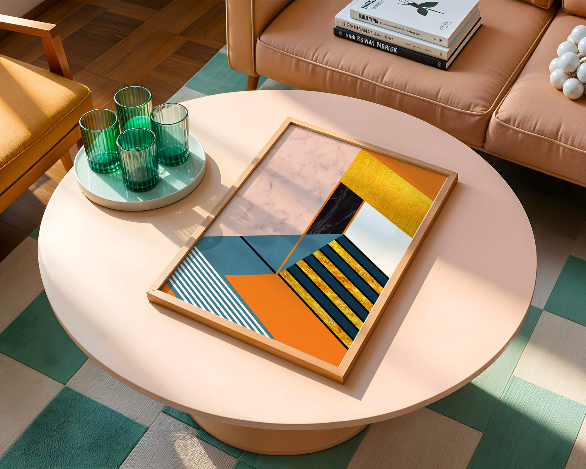 Abstract geometric design with marble and gold textures
