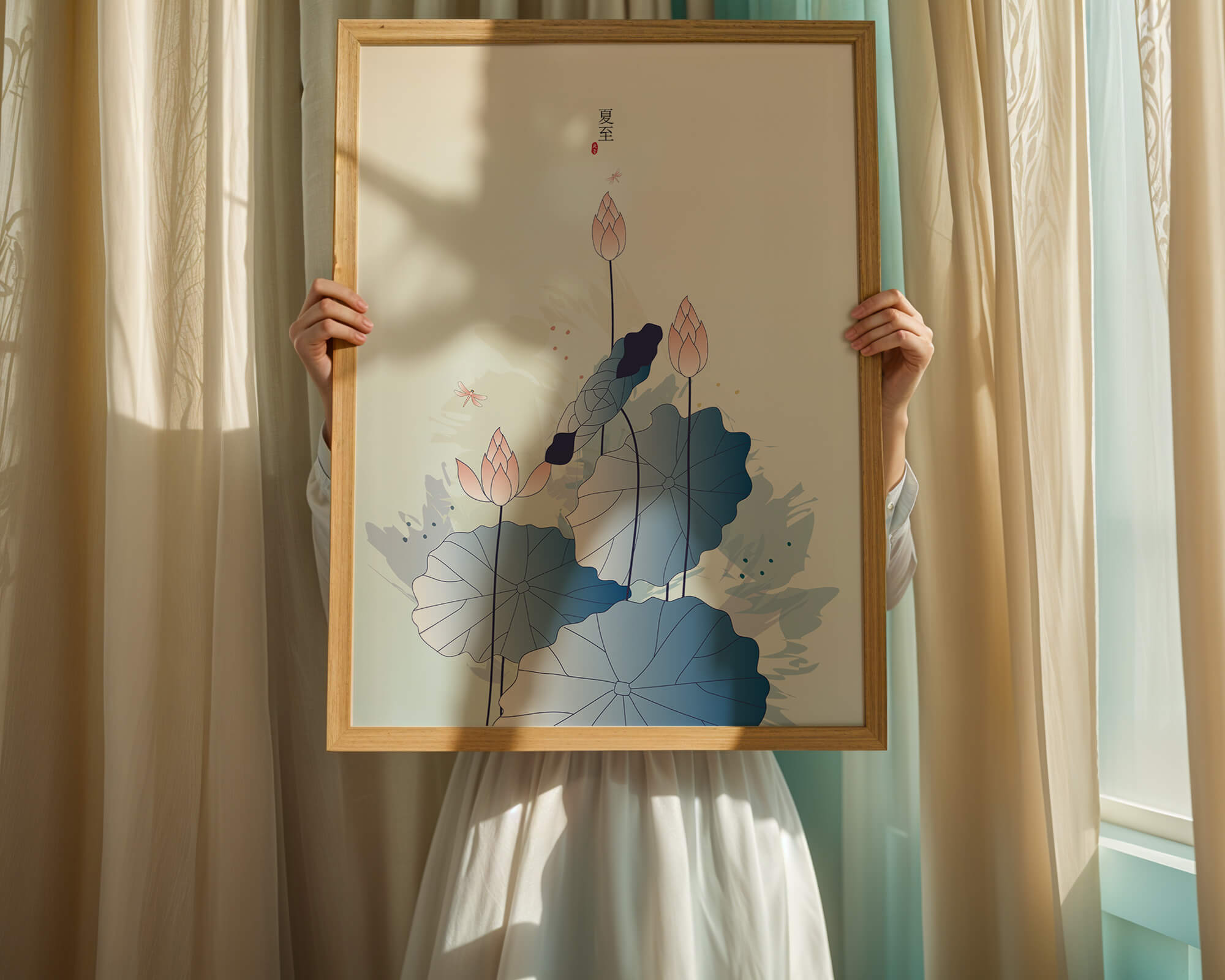 Lotus flower and dragonflies in elegant pastel illustration