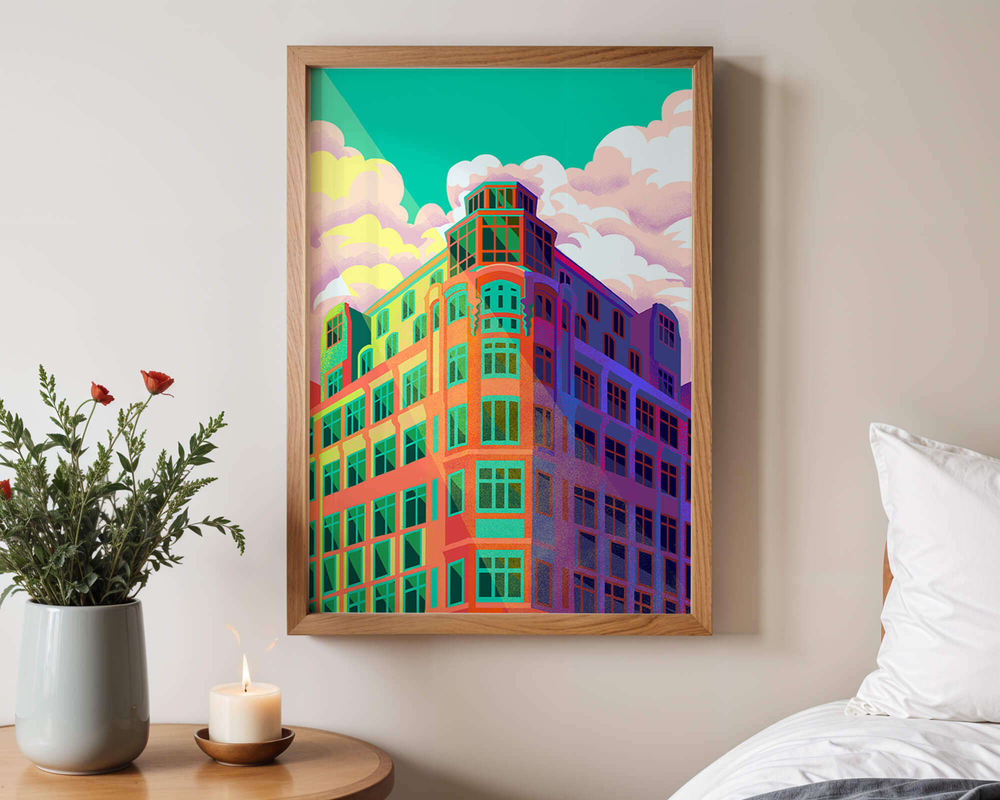 Colorful geometric building with vibrant sky