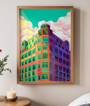 Gebäude mit bunten geometrischen Formen und lebhaftem Himmel