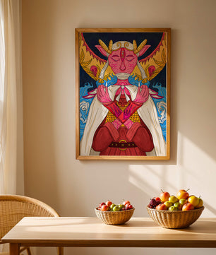 Surreal illustration of a mystical creature with golden horns and vibrant elements