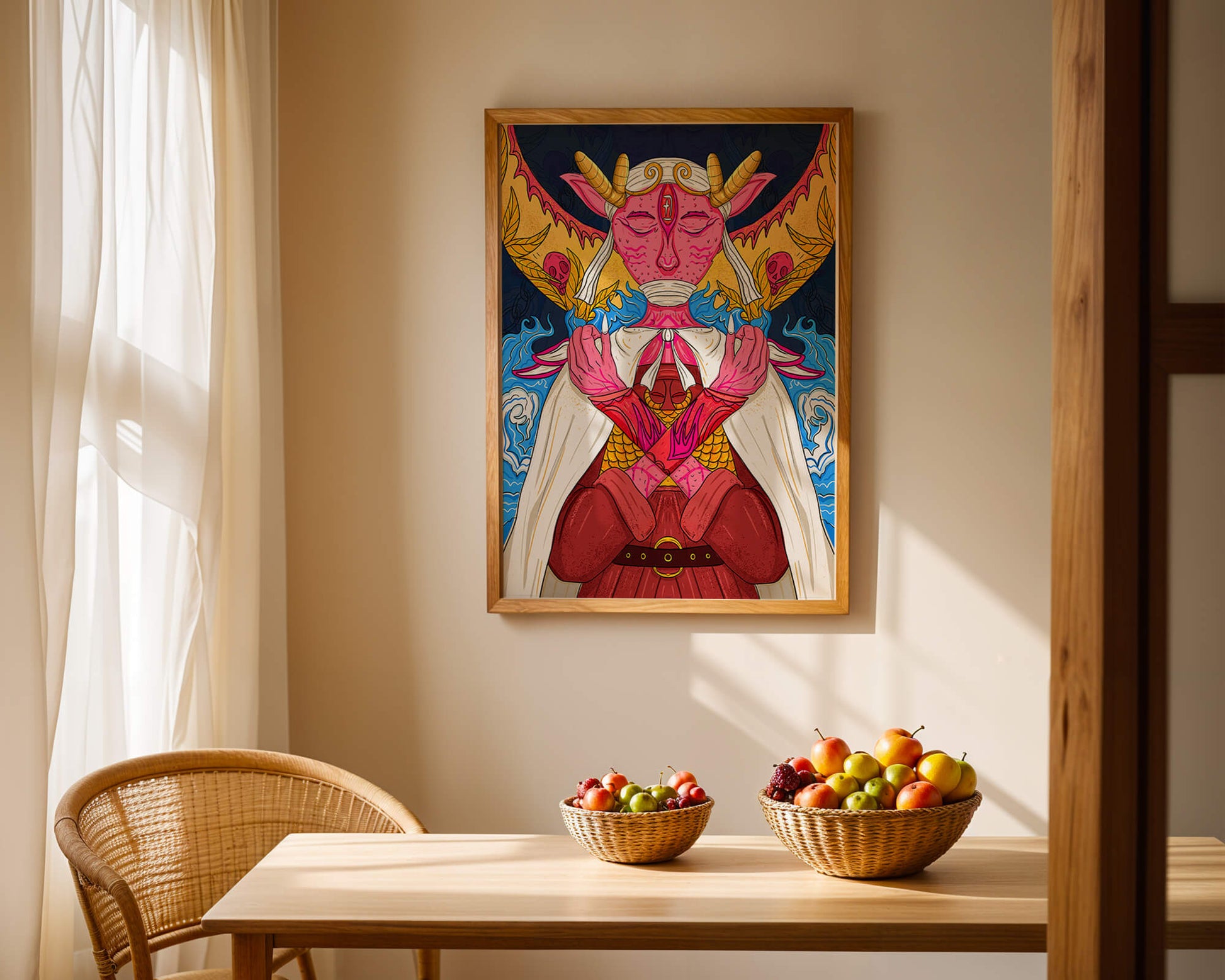 Surreal illustration of a mystical creature with golden horns and vibrant elements