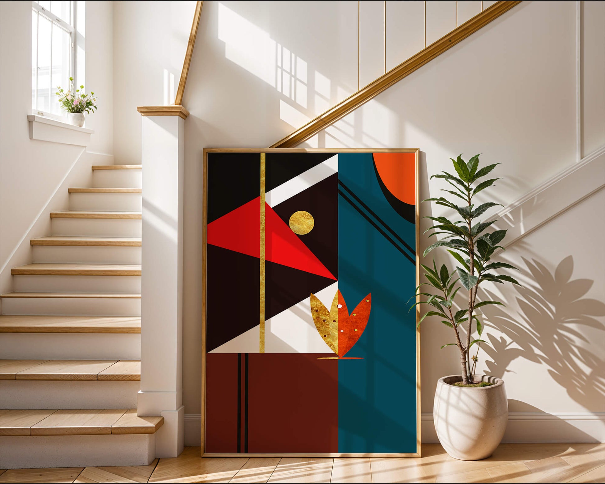 Geometrische abstrakte Kunst mit Gold und kräftigen Formen