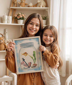 Watercolor illustration of marine life in a jar with a clownfish