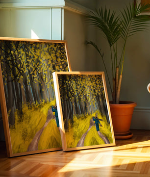 Man Walking Through a Sunny Forest with Golden Leaves