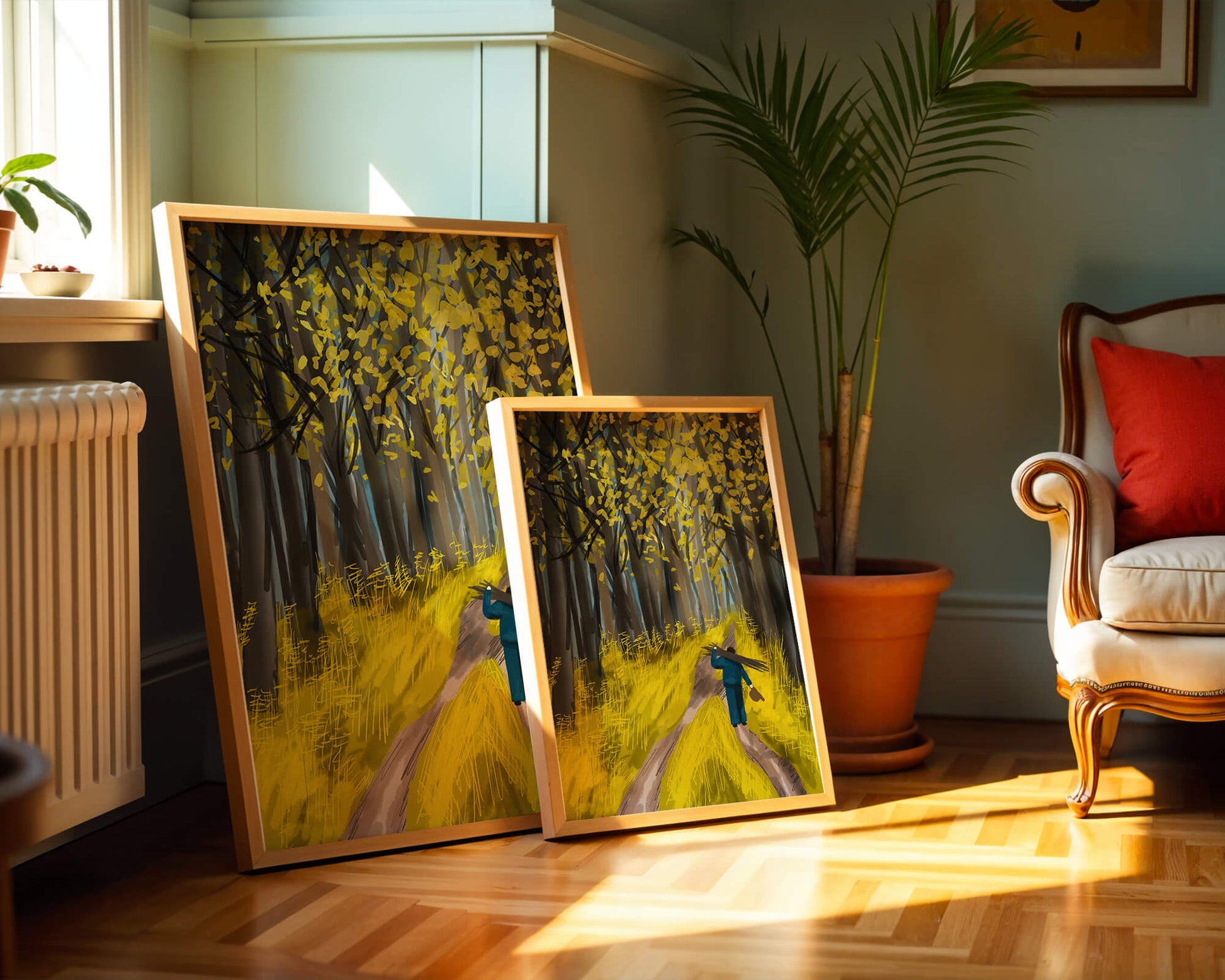 Man Walking Through a Sunny Forest with Golden Leaves