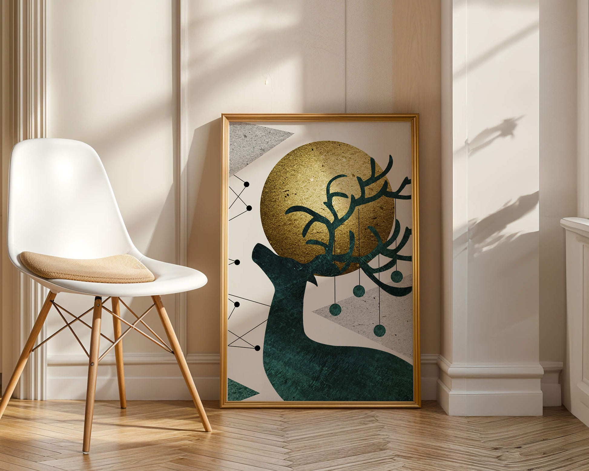 Abstract Geometric Deer with Gold Circle and Modern Design