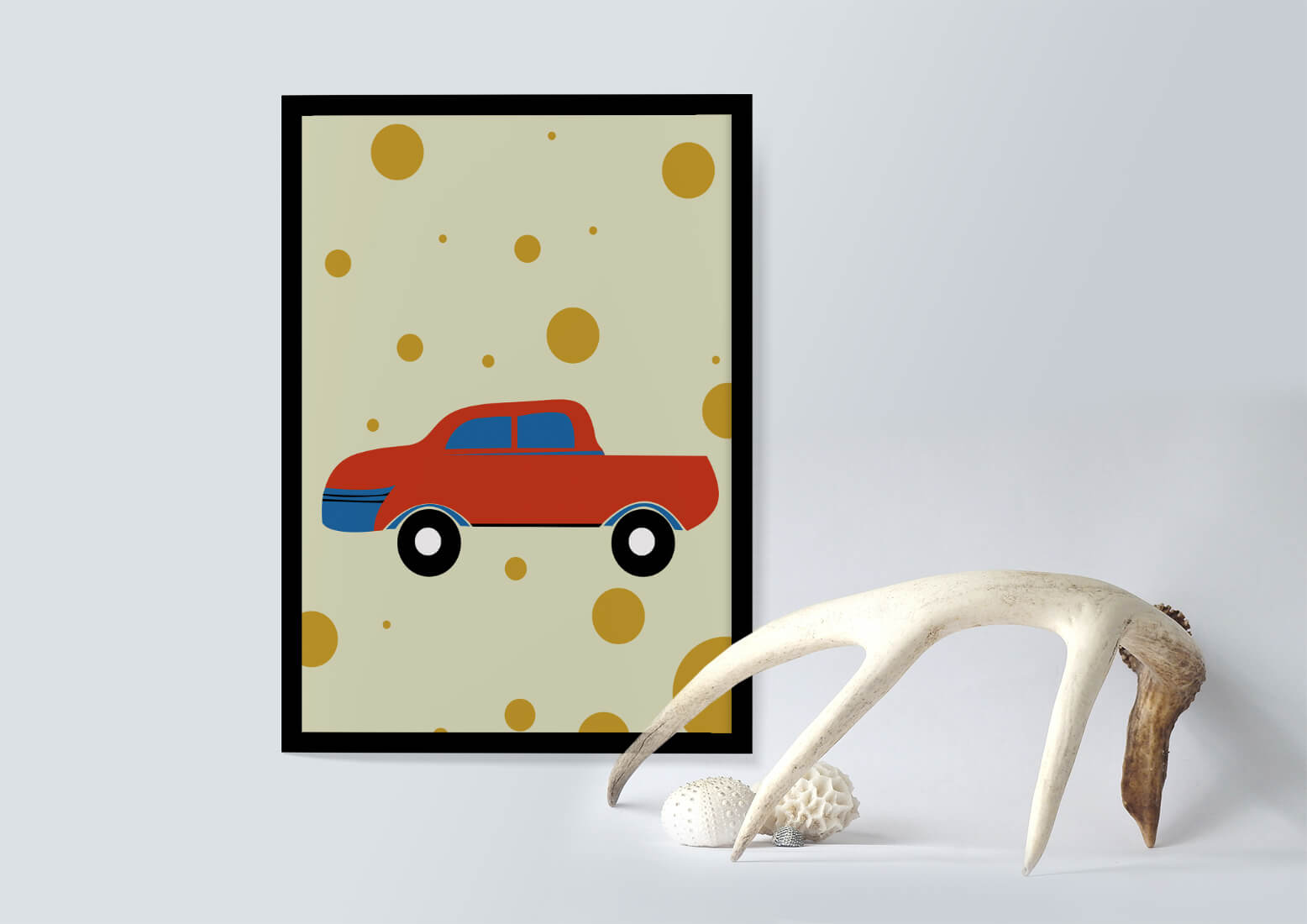 Abstract illustration of a red car with golden circles on a beige background