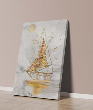 Elegant sailboat with gold elements against a textured sky
