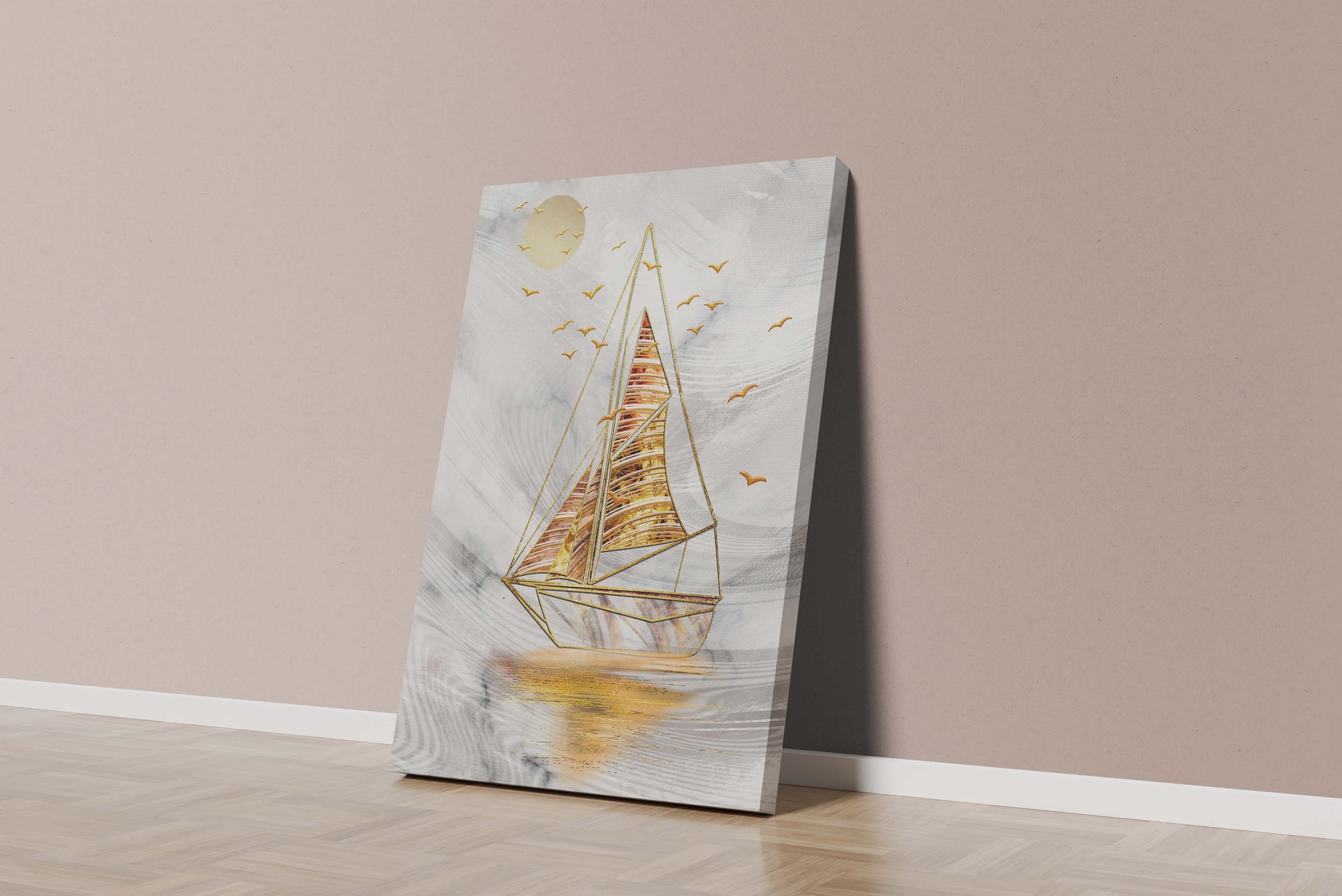 Elegant sailboat with gold elements against a textured sky