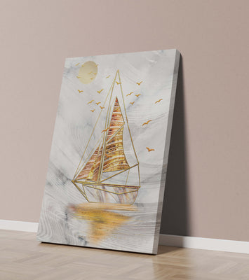 Elegant sailboat with gold elements against a textured sky