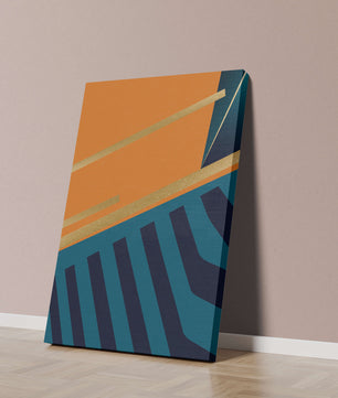 Moderne geometrische Abstraktion mit goldenen Elementen und kräftigen Farben 