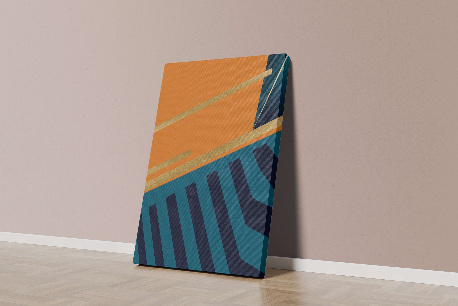 Moderne geometrische Abstraktion mit goldenen Elementen und kräftigen Farben 