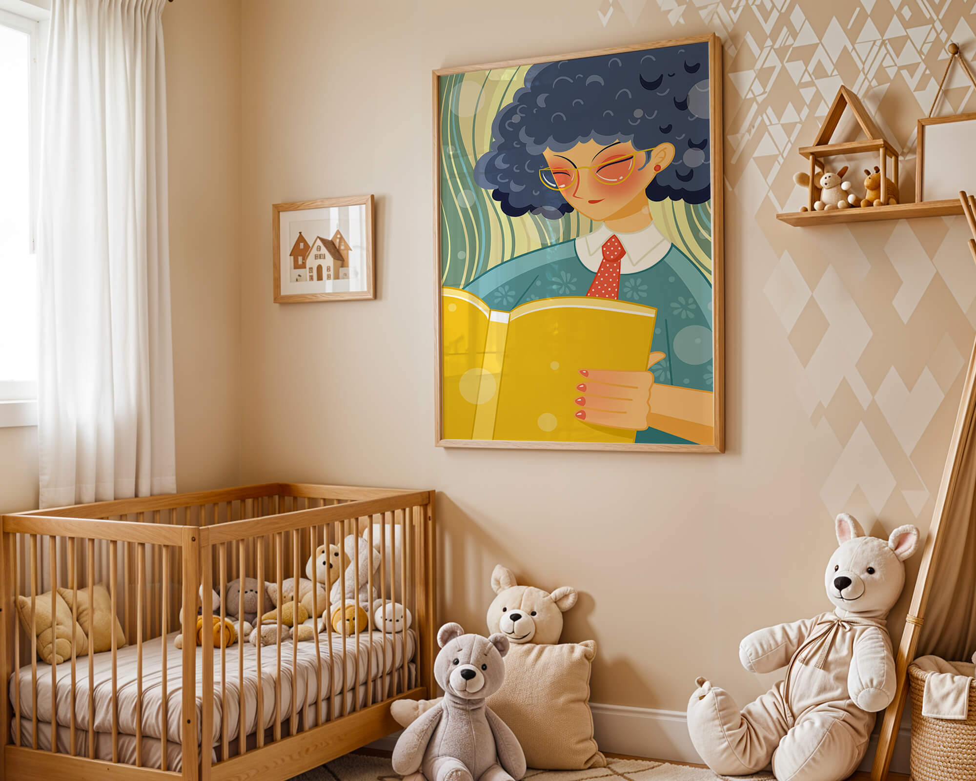 Illustration of a person reading a large yellow book in a stylized design