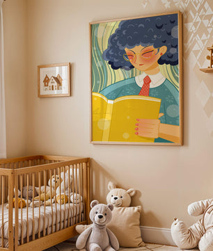 Illustration d'une personne lisant un grand livre jaune dans un style stylisé