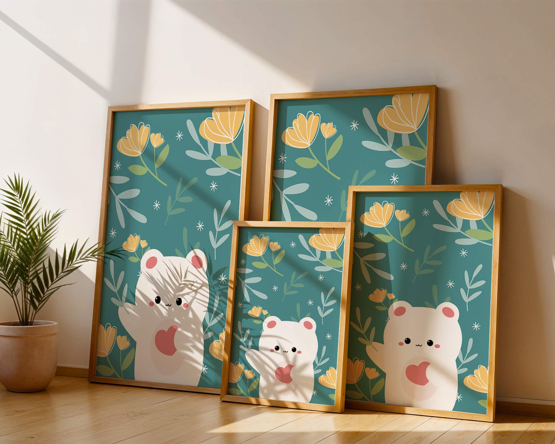 Adorable bear with heart surrounded by whimsical floral elements
