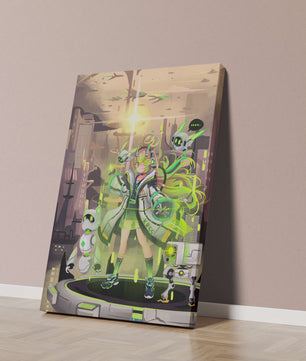 Chica de anime futurista con aura verde y compañeros robóticos en un paisaje urbano de ciencia ficción