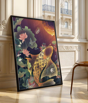 Bunte Koi-Fische mit Lotusblumen und Schmetterlingen bei Sonnenuntergang