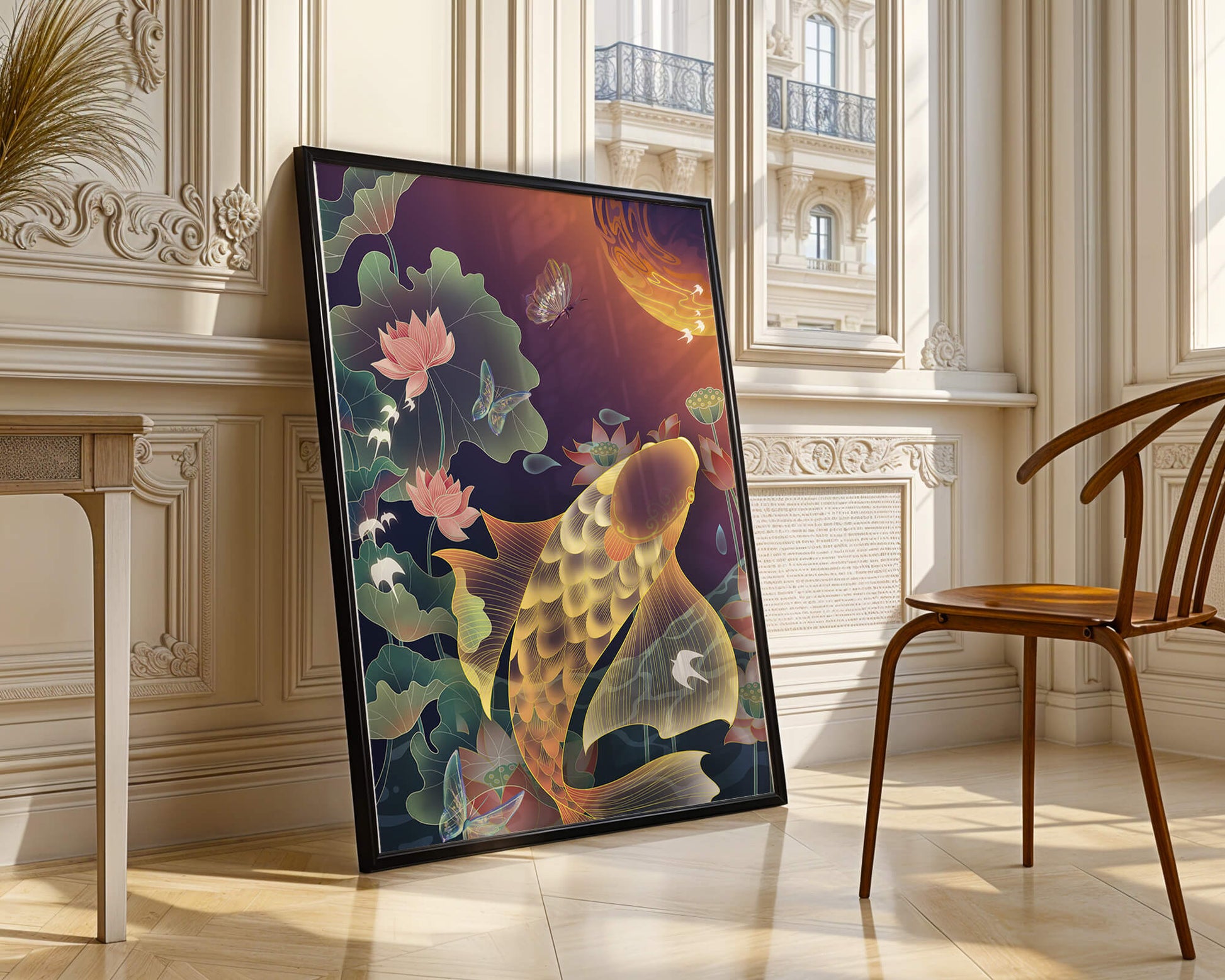 Bunte Koi-Fische mit Lotusblumen und Schmetterlingen bei Sonnenuntergang