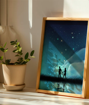 Pareja romántica paseando bajo la noche estrellada con reflejos celestiales