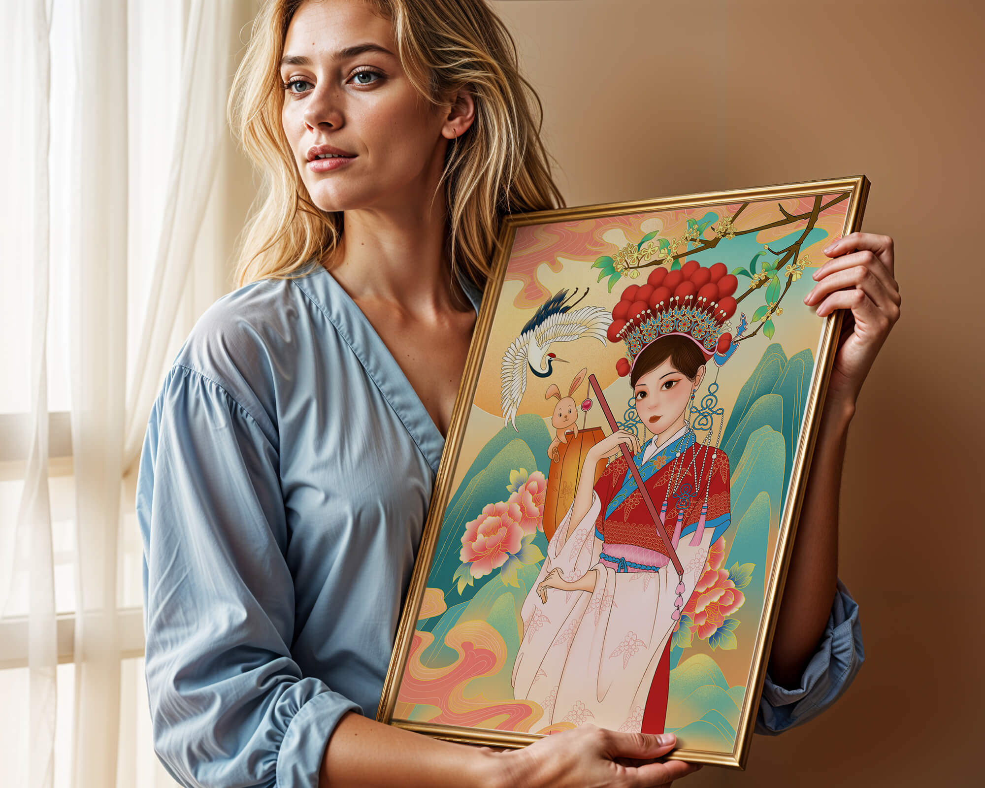 Elegant traditional Chinese illustration featuring a woman in vibrant attire with floral and animal motifs