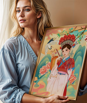 Elegante traditionelle chinesische Illustration mit einer Frau in lebendiger Kleidung mit Blumen- und Tiermotiven